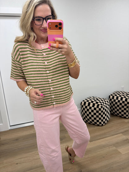 Pink & Green Short Sleeve Sweater Cardigan