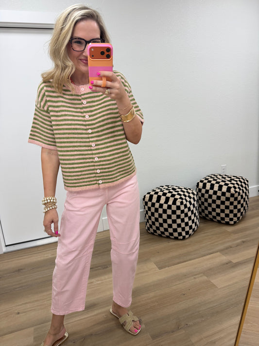Pink & Green Short Sleeve Sweater Cardigan