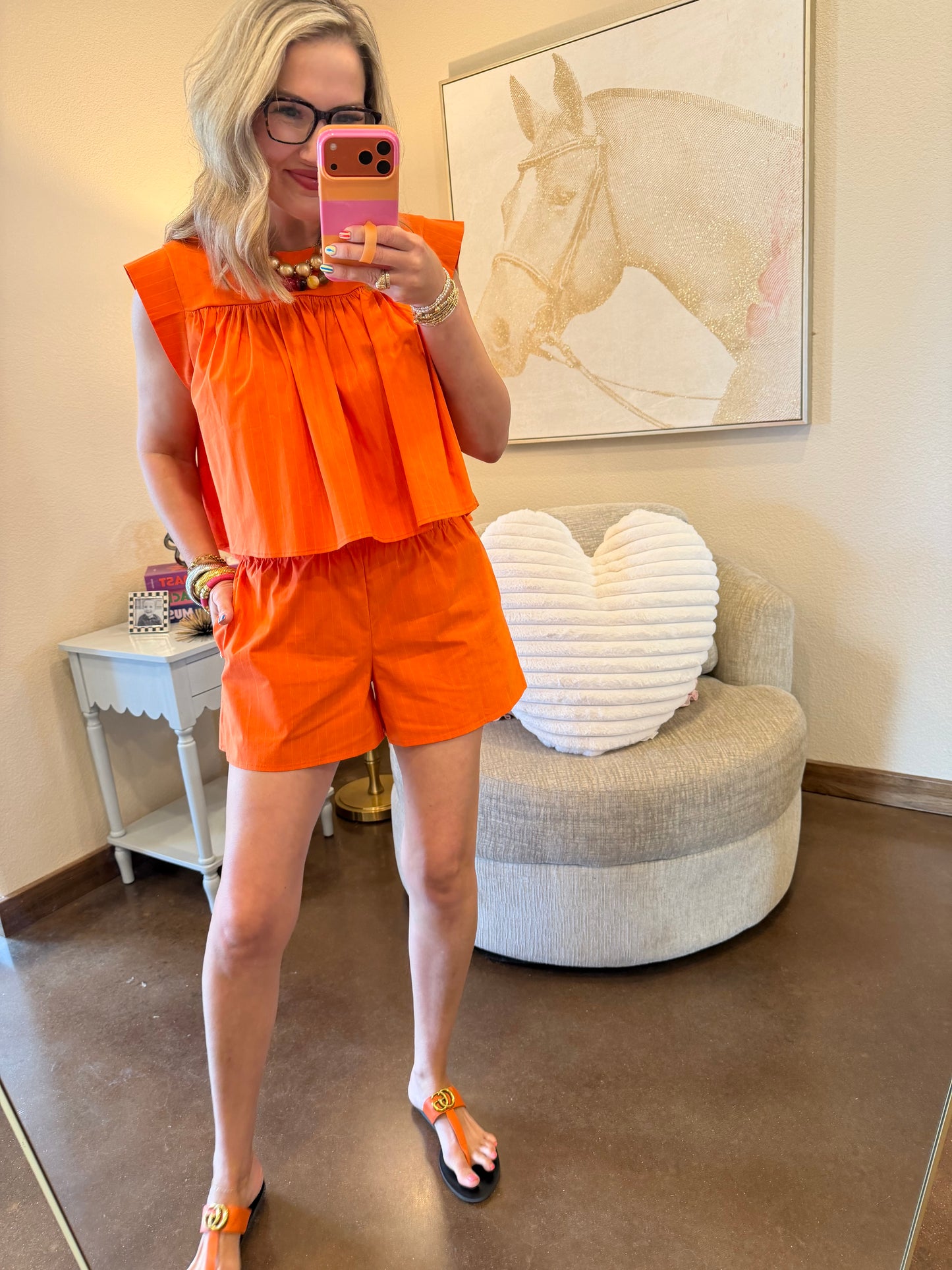 Orange Pinstripe Woven Short Set