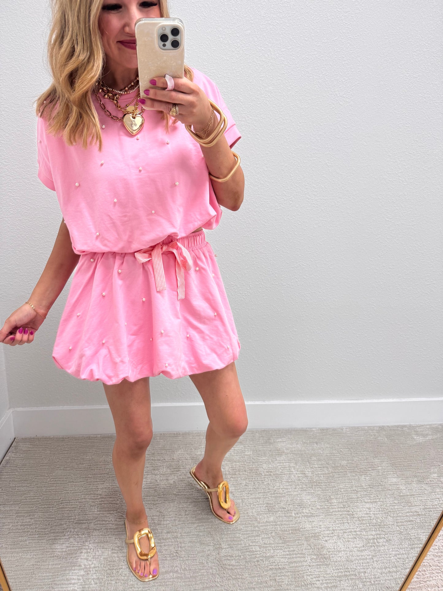 Pastel Pink Pearl Two Piece Skirt Set