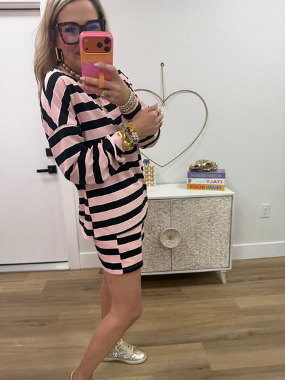 Pink Stripe Oversized Top Elastic Waist Shorts 2pcs Set