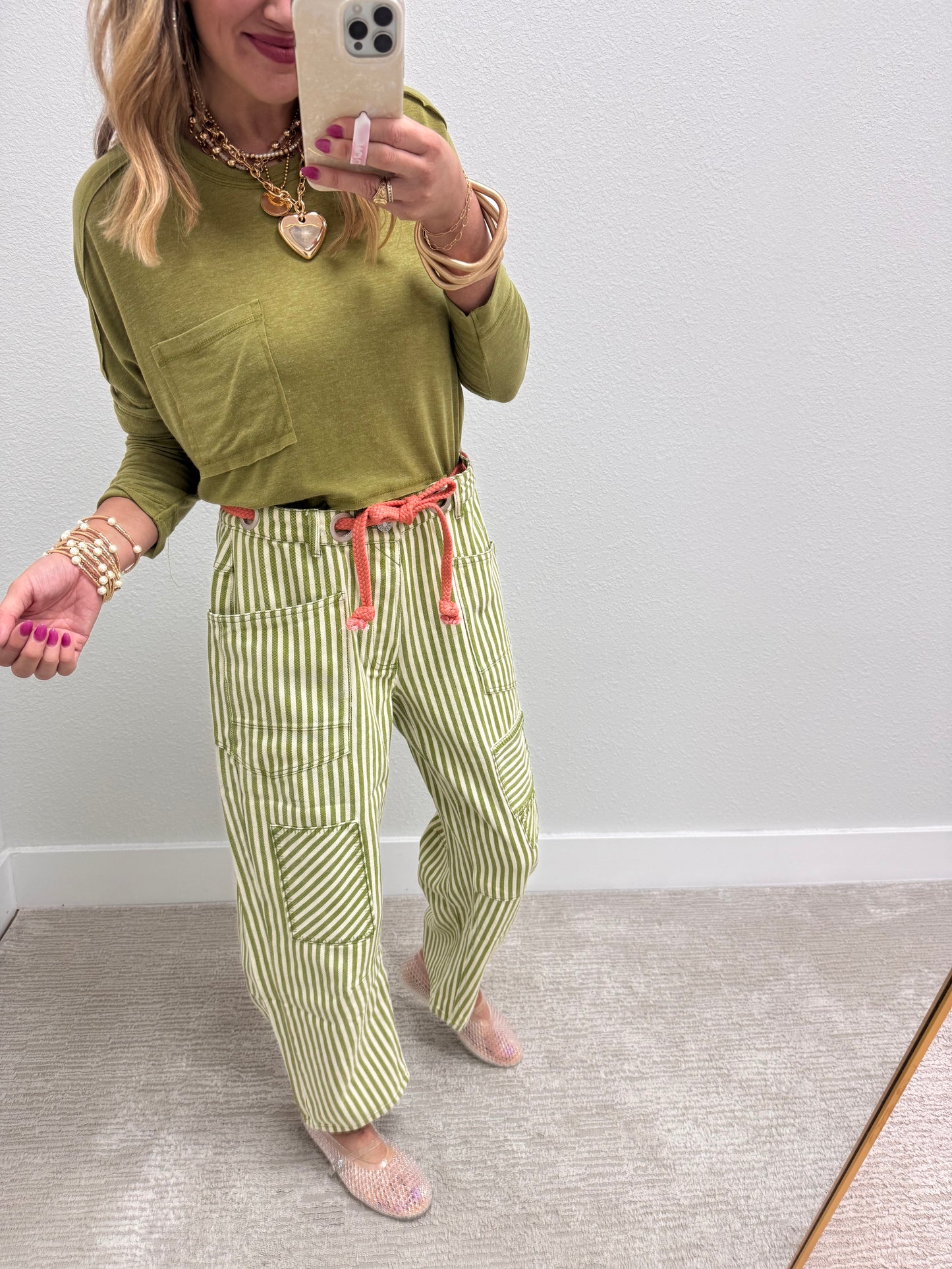 Lime Striped Twill Barrel Pants