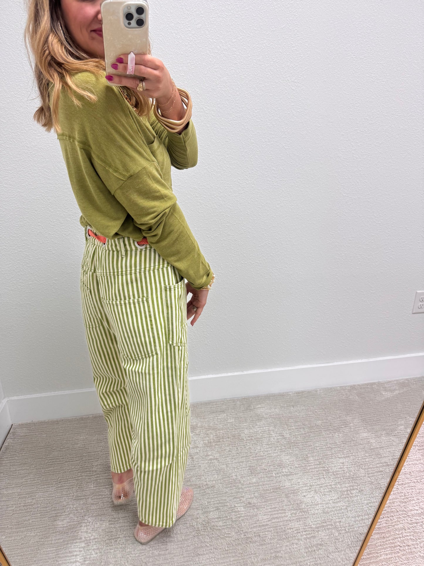 Lime Striped Twill Barrel Pants