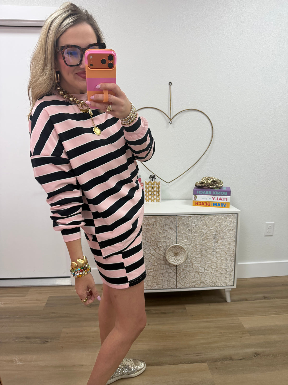 Pink Stripe Oversized Top Elastic Waist Shorts 2pcs Set
