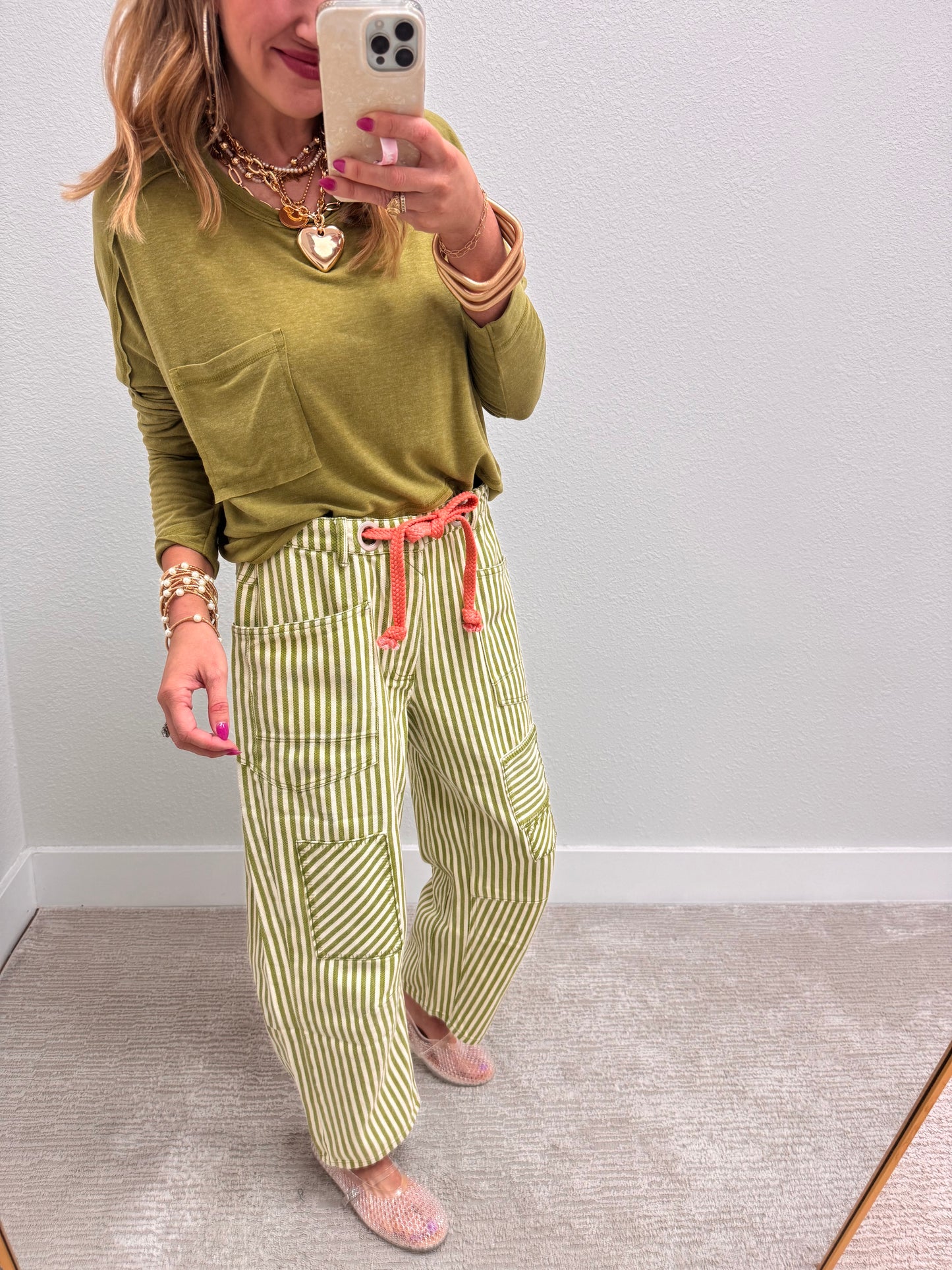 Lime Striped Twill Barrel Pants