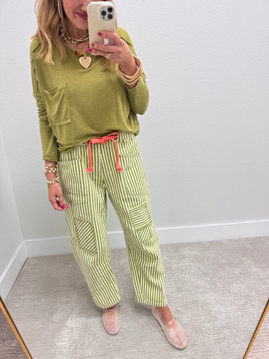 Lime Striped Twill Barrel Pants