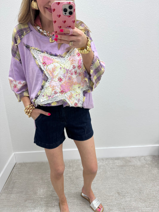 Lavender Star Detail Oversized 3/4 Sleeve Top