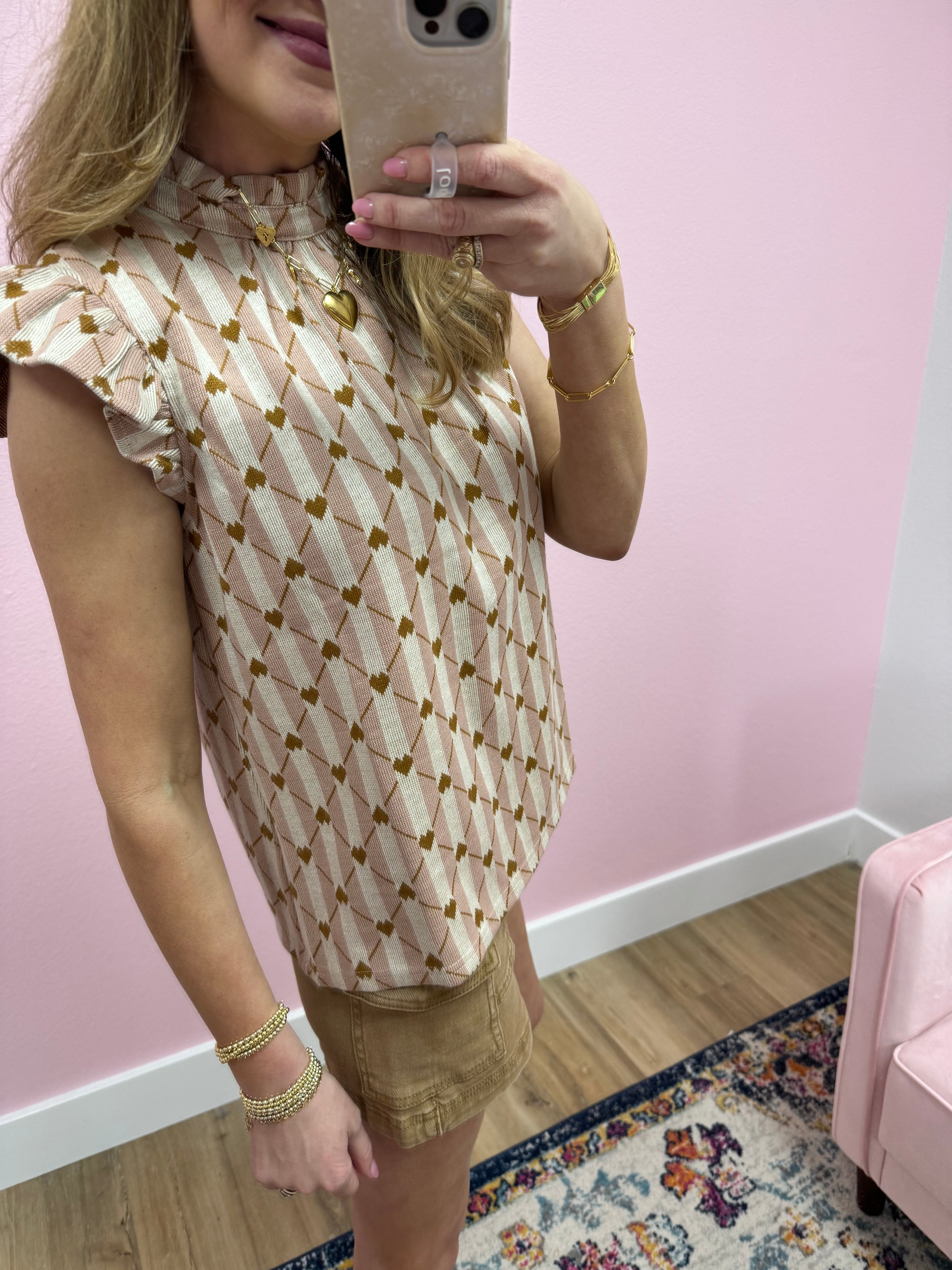 Pink and Tan Heart Flutter Sleeve Top FS
