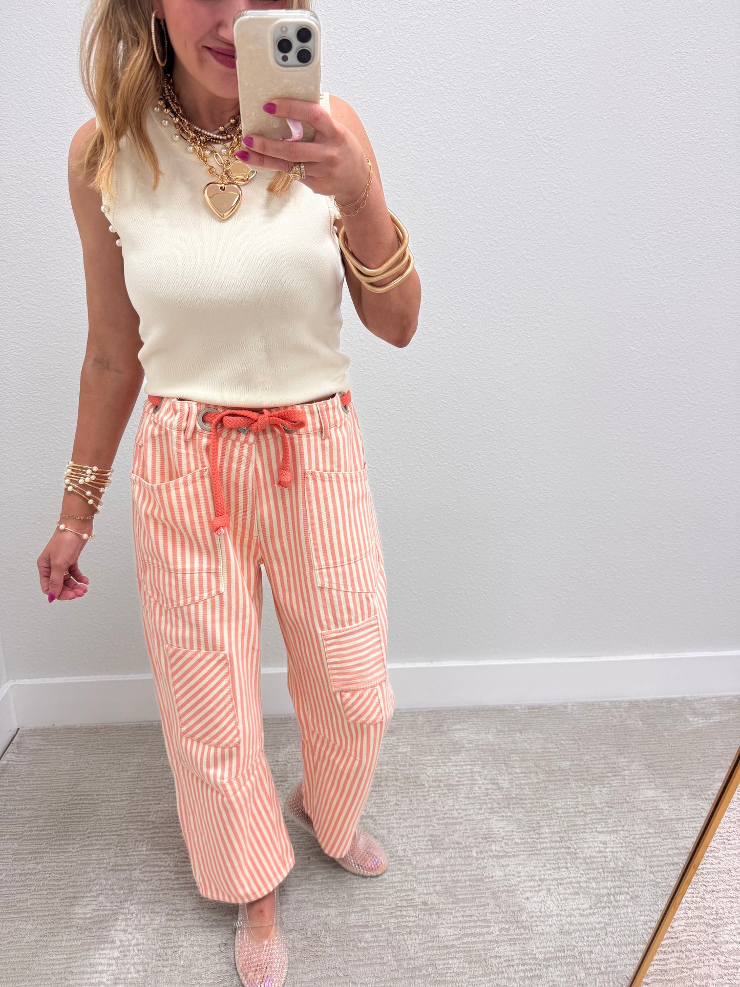 Coral Peach Striped Twill Barrel Pants