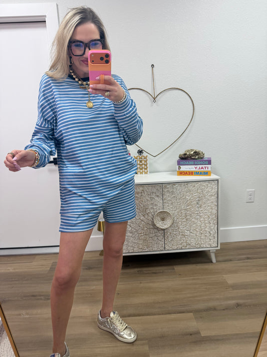 Sky Blue Striped Long Sleeve Top and Shorts Two-Piece Set