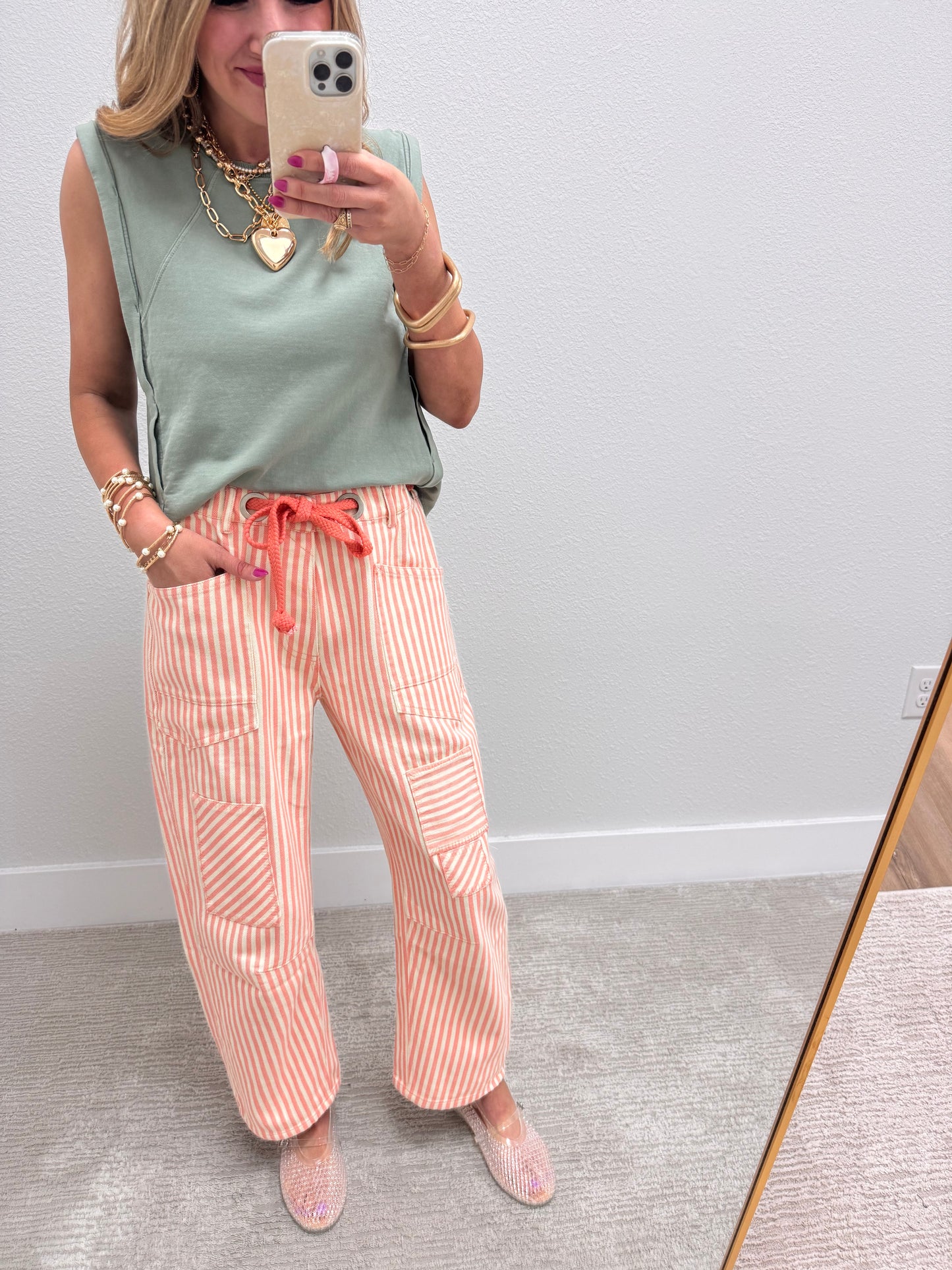 Coral Peach Striped Twill Barrel Pants
