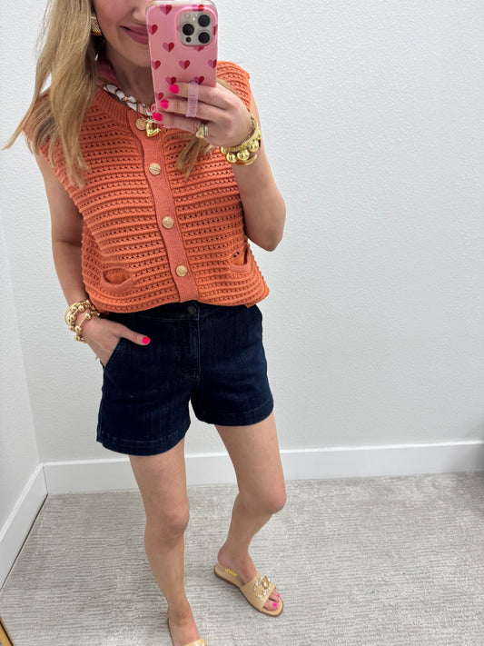 Tangerine Crochet Knit Vest Top With Pockets