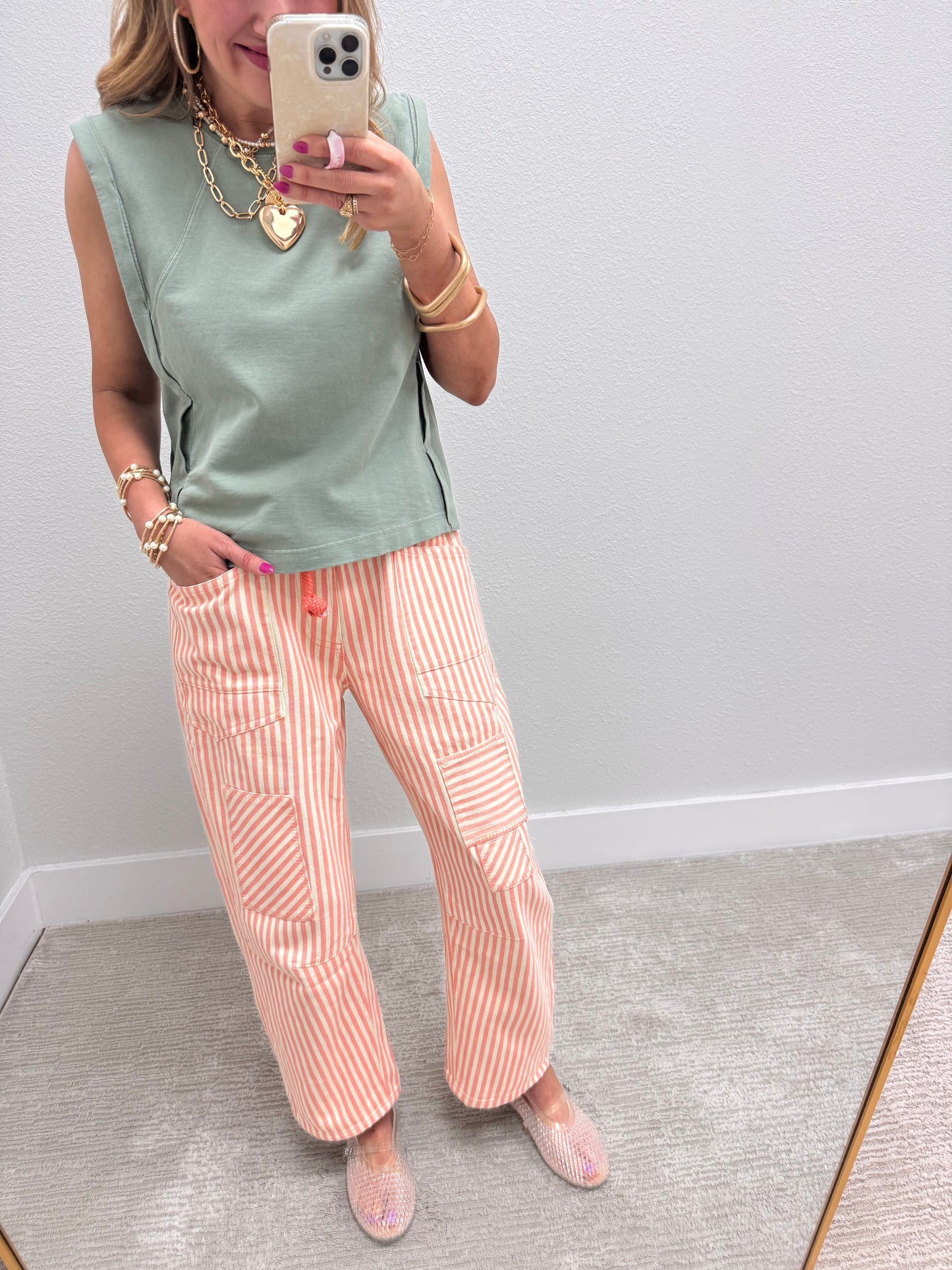 Coral Peach Striped Twill Barrel Pants