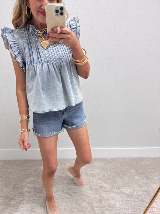 Mineral Washed Denim Pleated Front Top