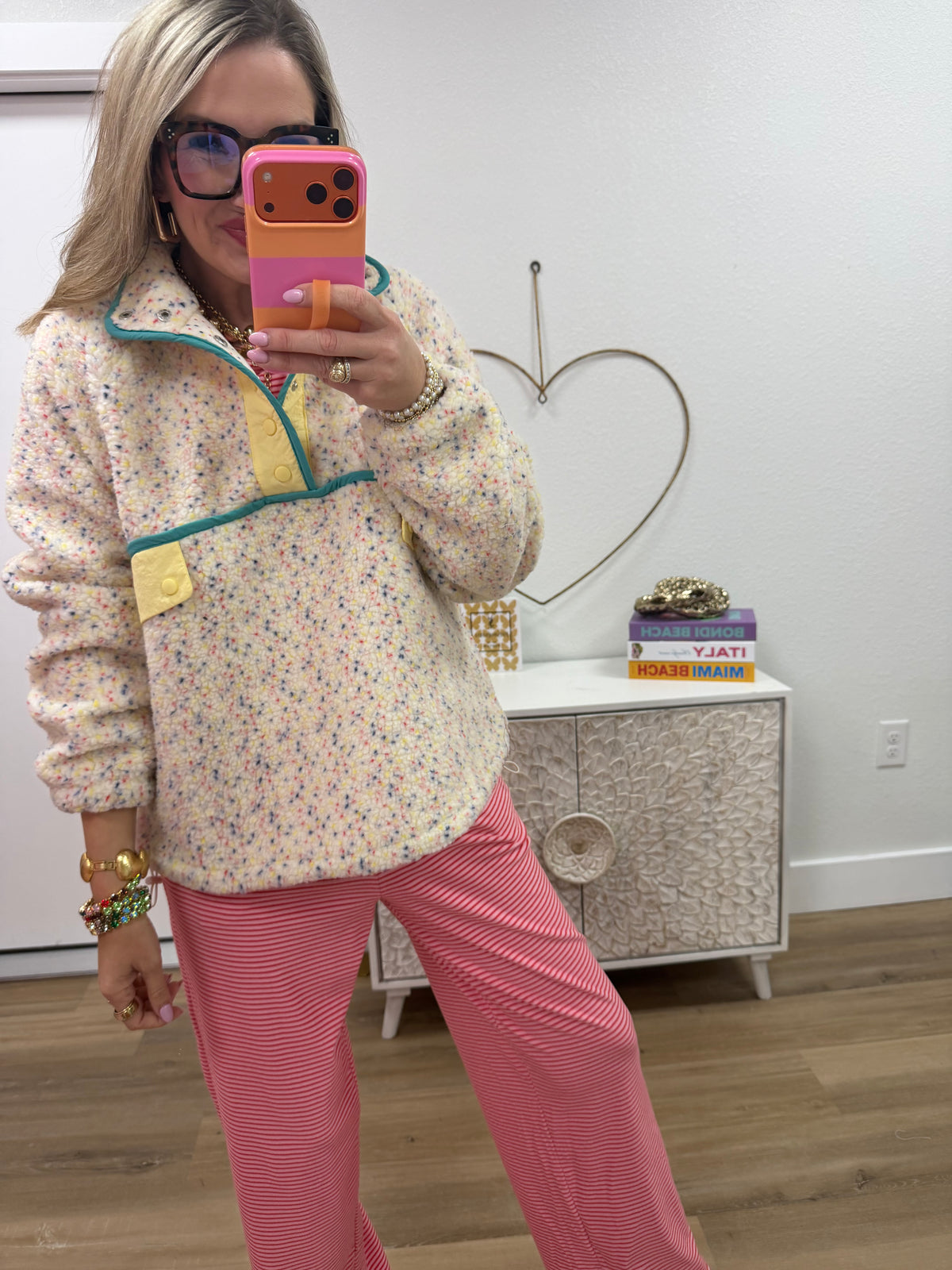 Ivory Mix Contrast Trim Fleece Anorak Pullover