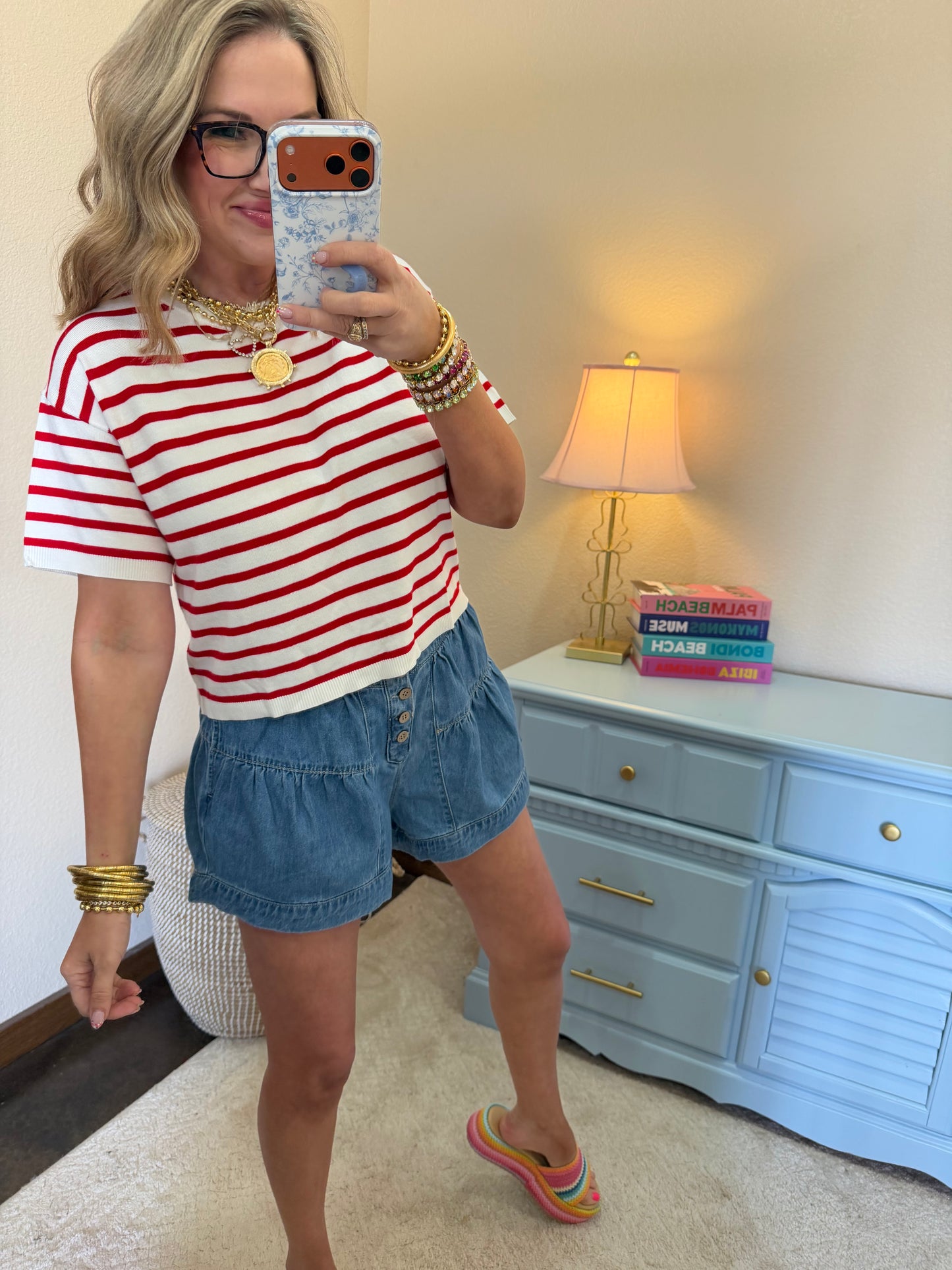 Red Round Neck Striped Top