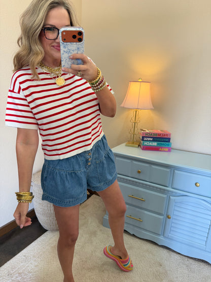 Red Round Neck Striped Top