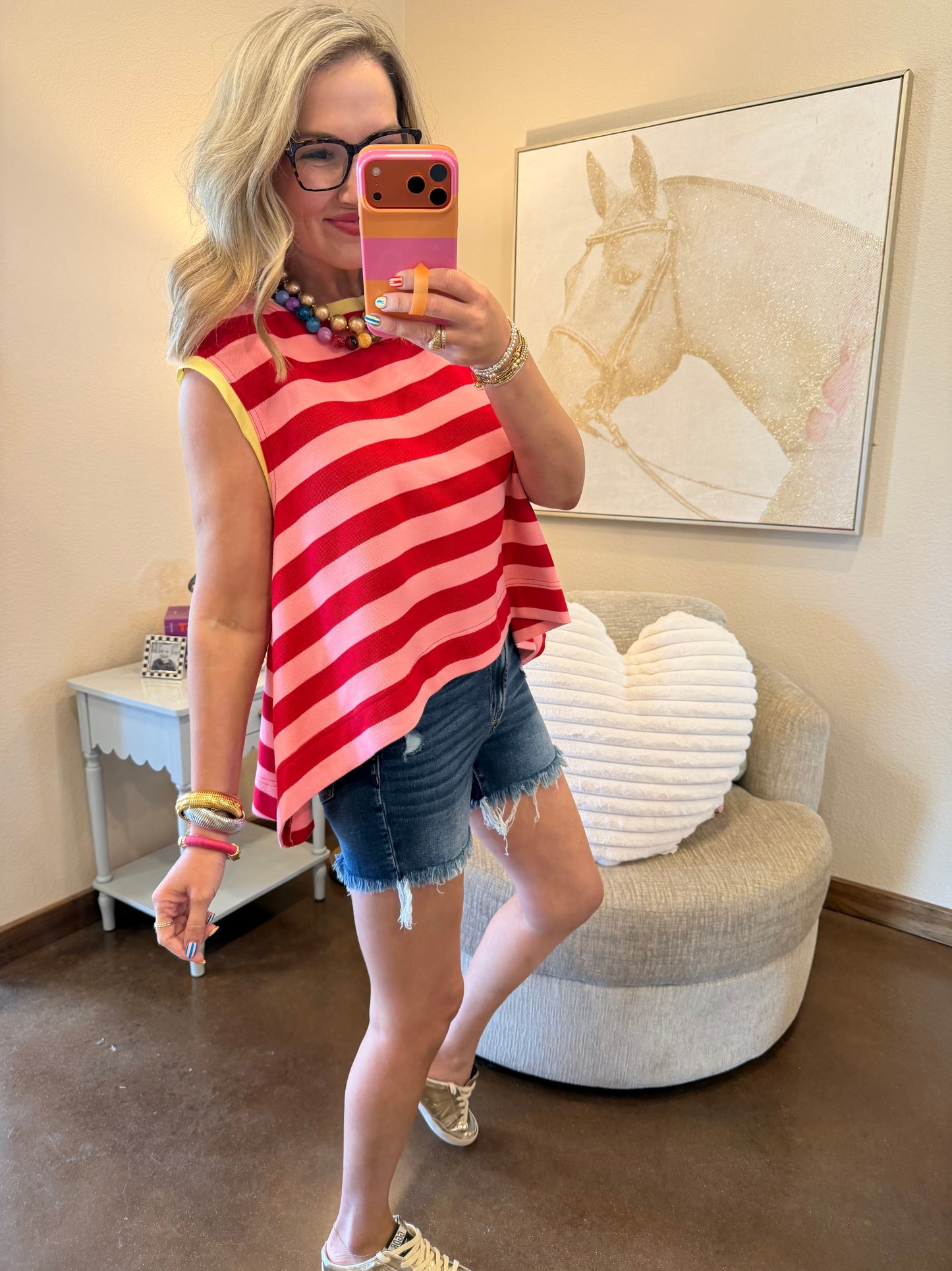 Red and Pink Stripe Scoop Neck Top