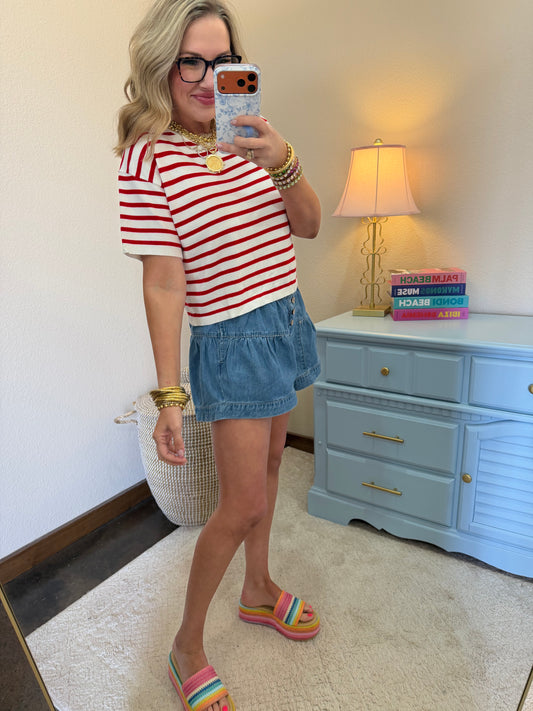 Red Round Neck Striped Crop Top