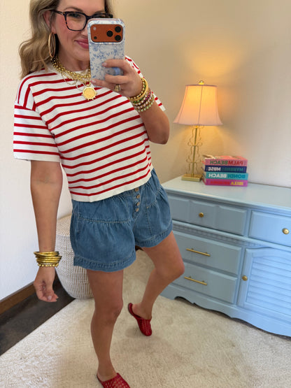 Red Round Neck Striped Top
