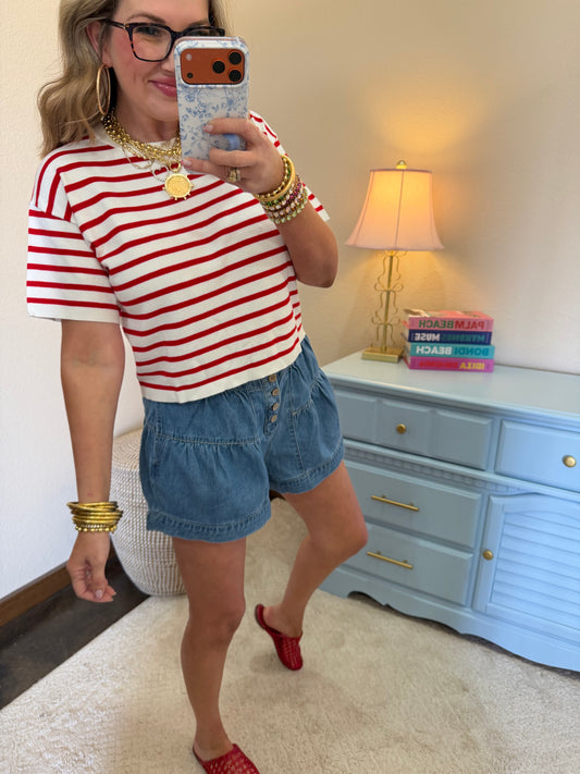 Red Round Neck Striped Crop Top