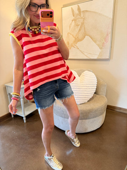 Red and Pink Stripe Scoop Neck Top