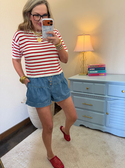 Red Round Neck Striped Top