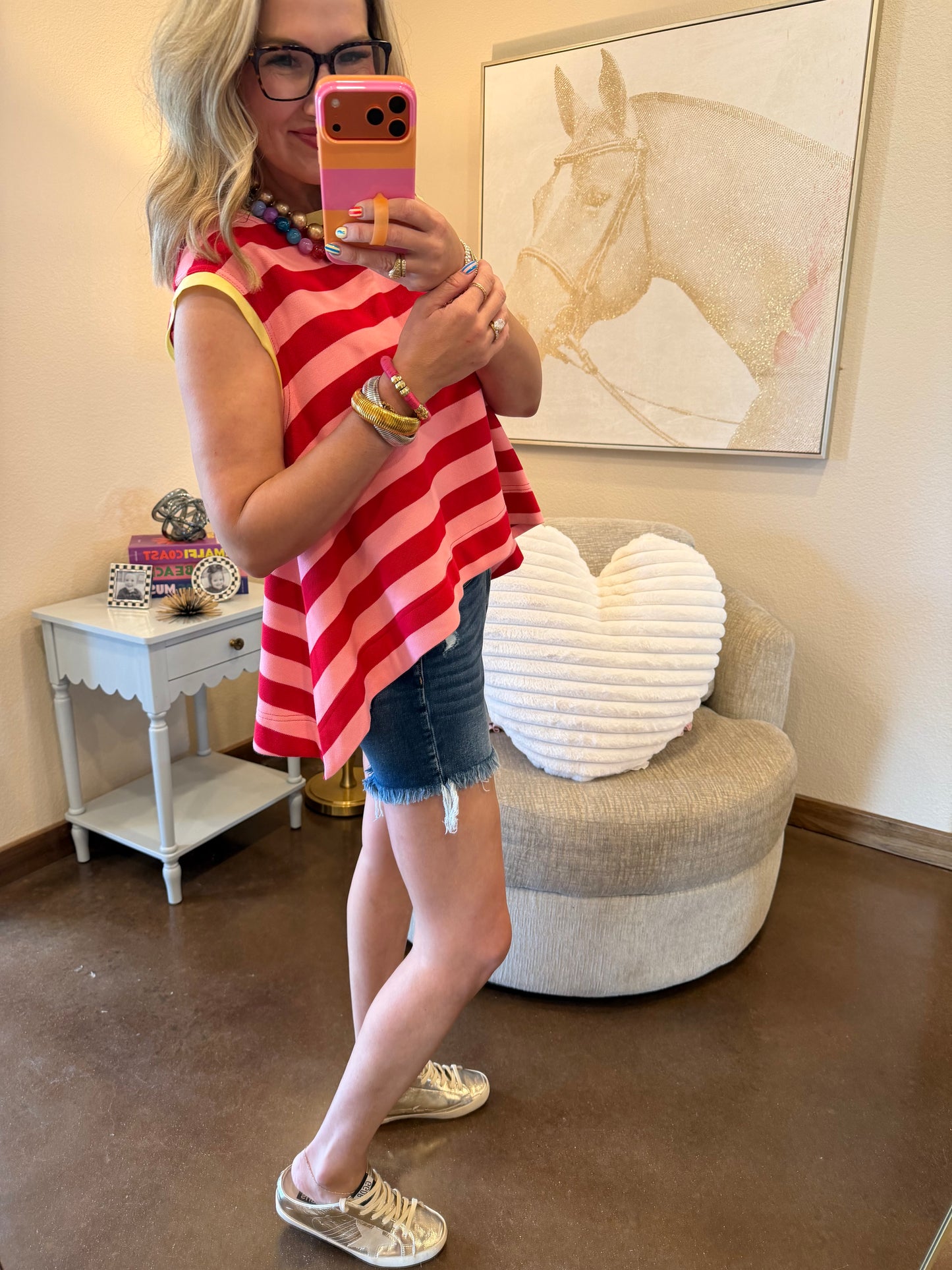Red and Pink Stripe Scoop Neck Top