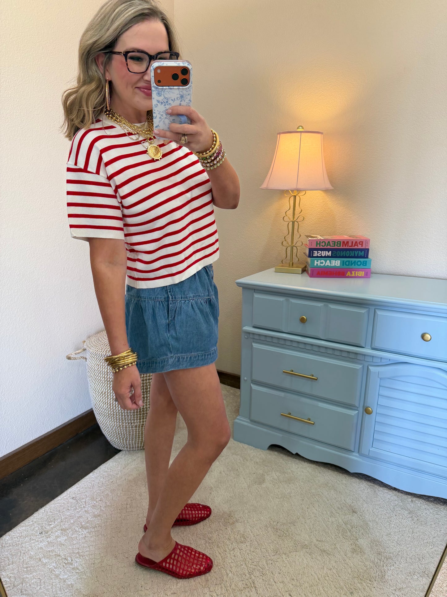 Red Round Neck Striped Top