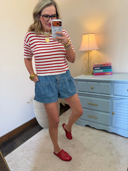 Red Round Neck Striped Top
