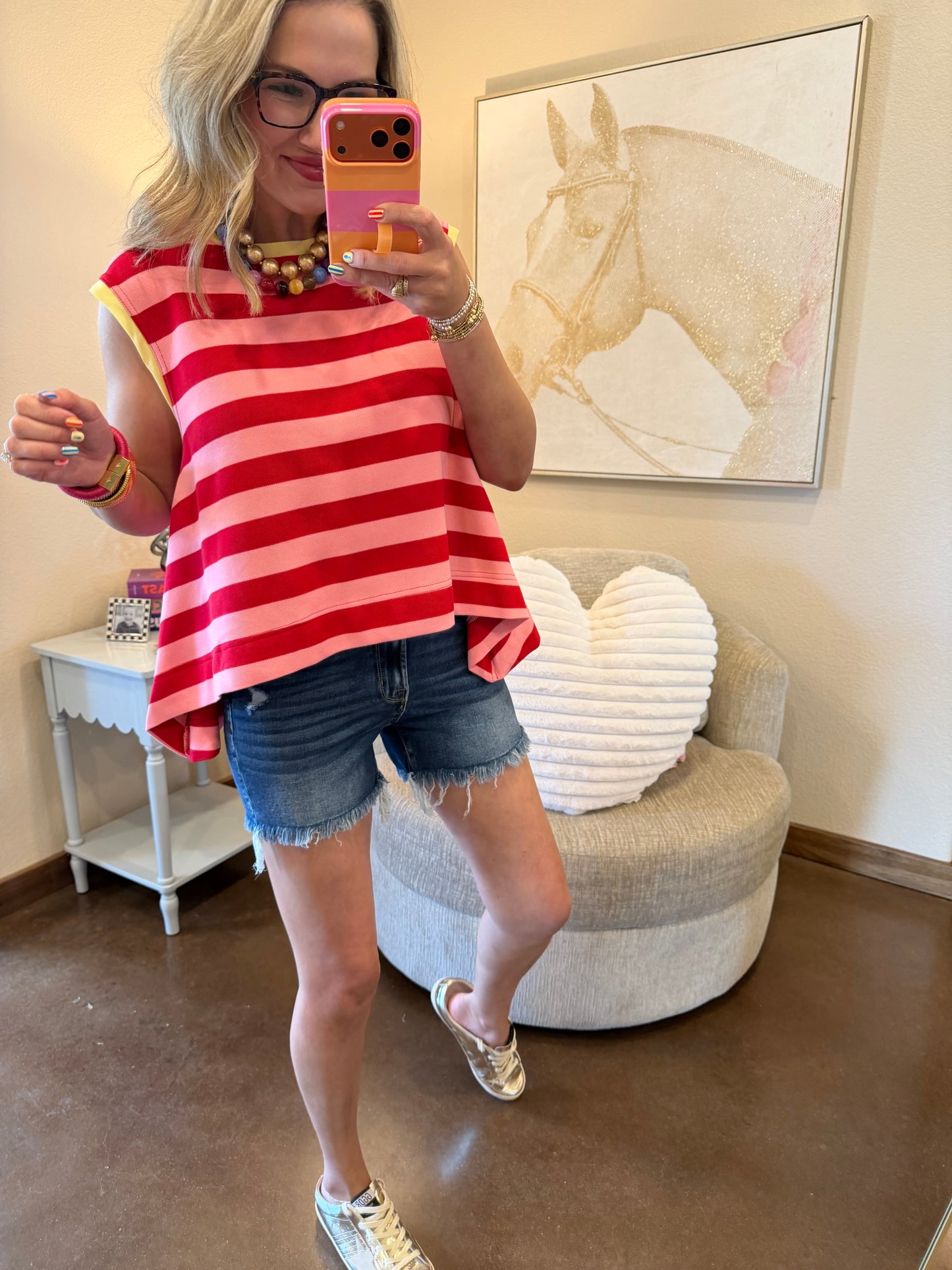 Red and Pink Stripe Scoop Neck Top