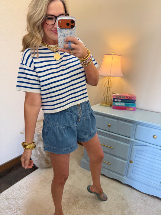 Blue Round Neck Striped Crop Top