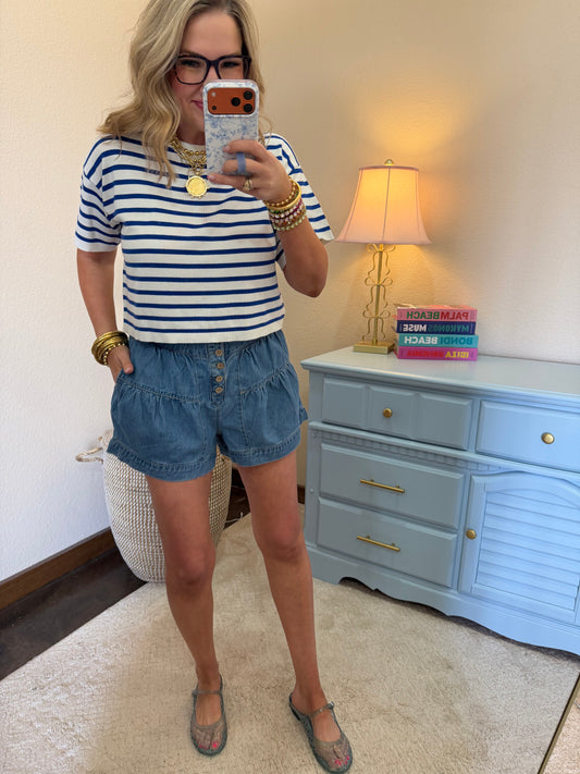 Blue Round Neck Striped Crop Top