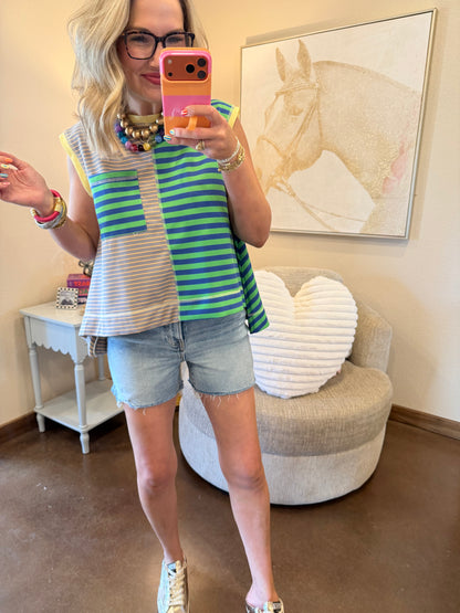 Blue Green Stripe Top