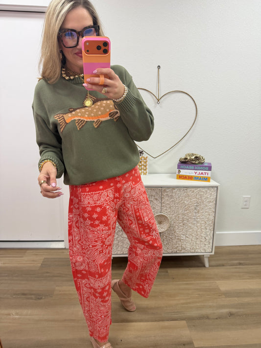 Red Bandana Print Barrel Pants