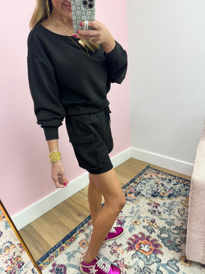 Black Scuba Two Piece Cargo Short Set