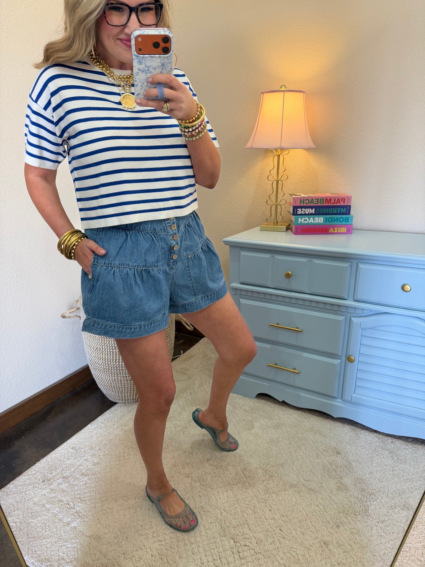 Blue Round Neck Striped Top