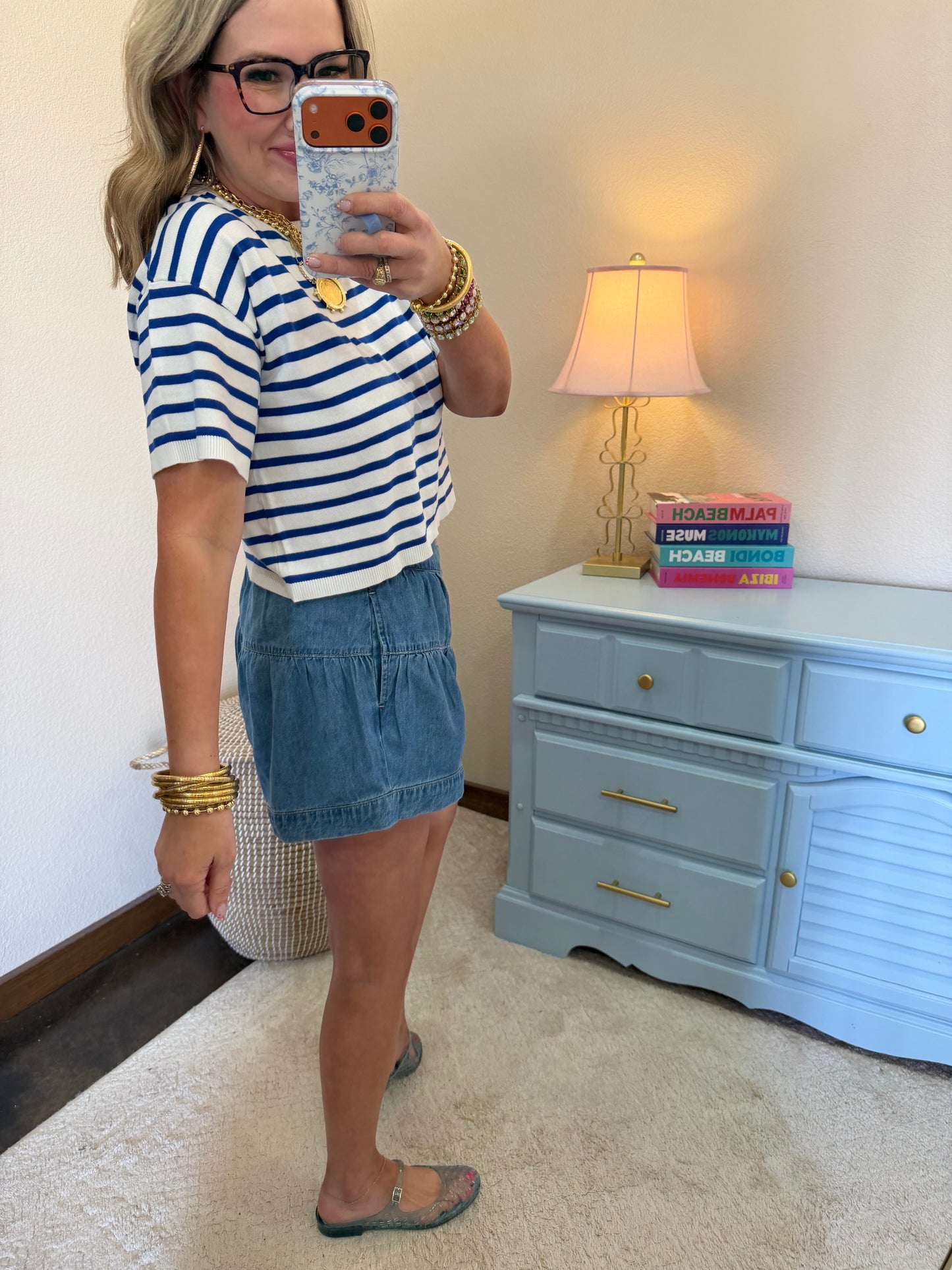 Blue Round Neck Striped Top