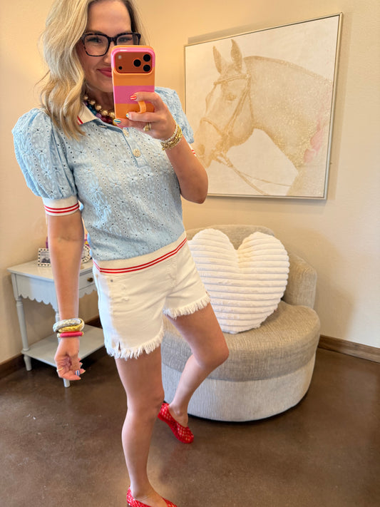 Blue Puff Sleeve Lace Knit Top