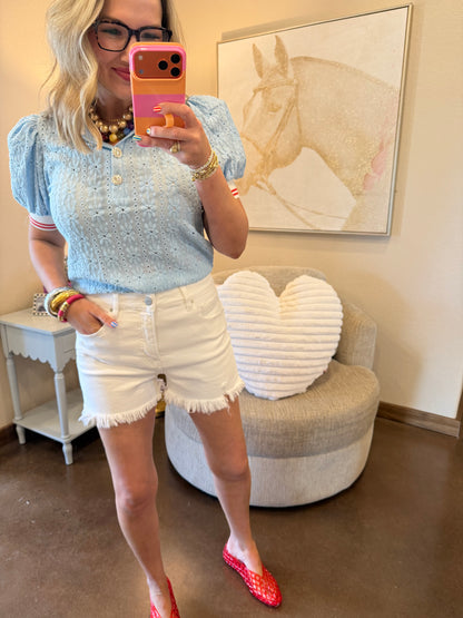 Blue Puff Sleeve Lace Knit Top