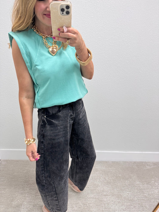 Turquoise  Sleeveless Top with Side Panel FS
