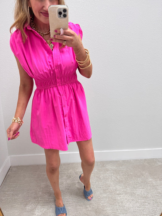 Bright Pink Nylon Collar Cinch Waist Dress