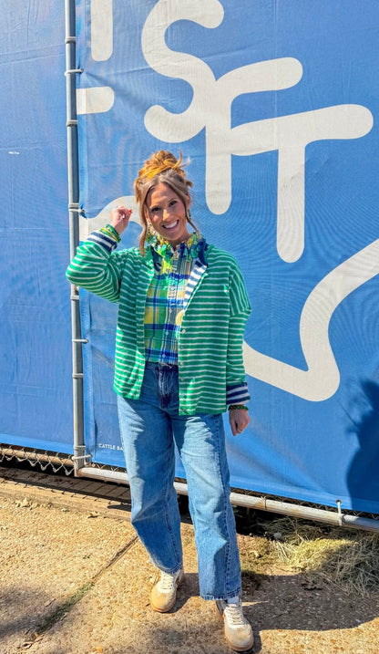 Green Button Down Striped Cardigan