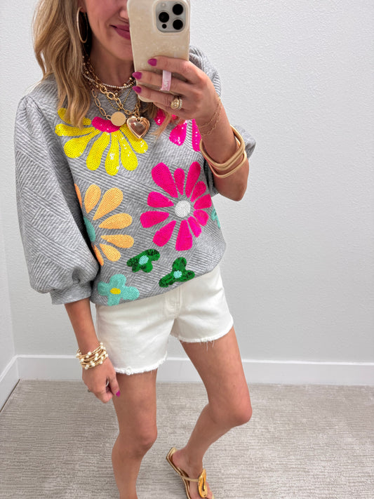 Grey Flower Sequins 3/4 Puff Sleeve Quilted Top
