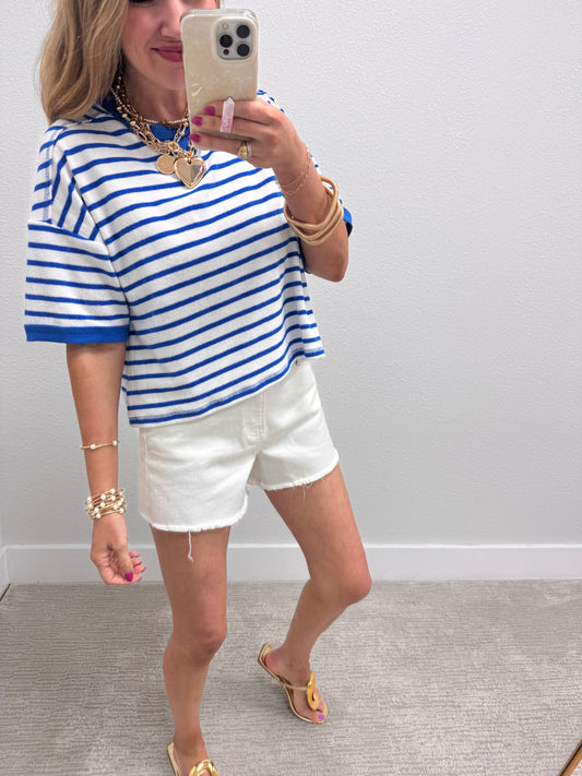 White and Blue Striped French Terry Top