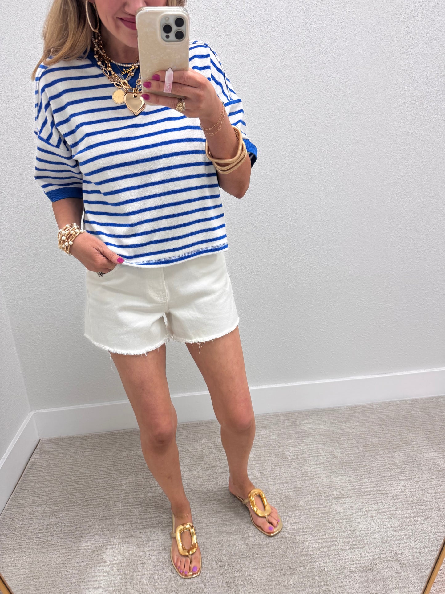 White and Blue Striped French Terry Top
