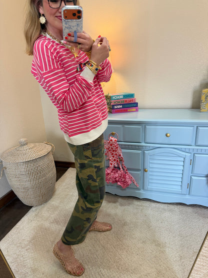 Fuchsia Striped Pullover Dorito Neck Stitched Top