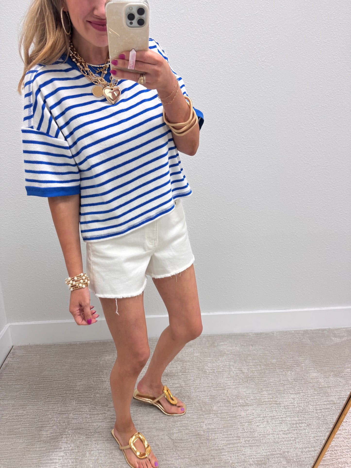 White and Blue Striped French Terry Top