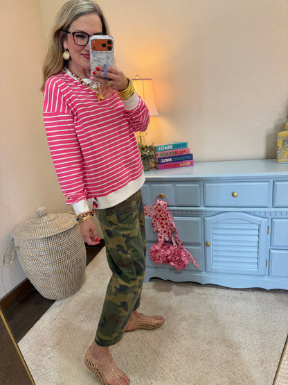 Fuchsia Striped Pullover Dorito Neck Stitched Top