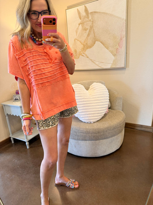 Coral American Flag Mineral Wash Top
